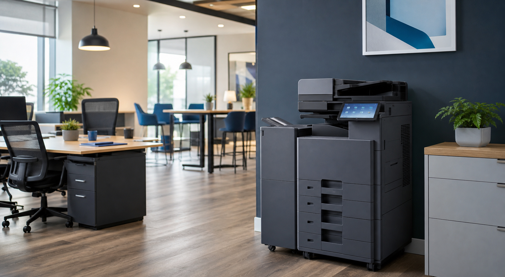 Commercial multifunction printer installed in a modern office