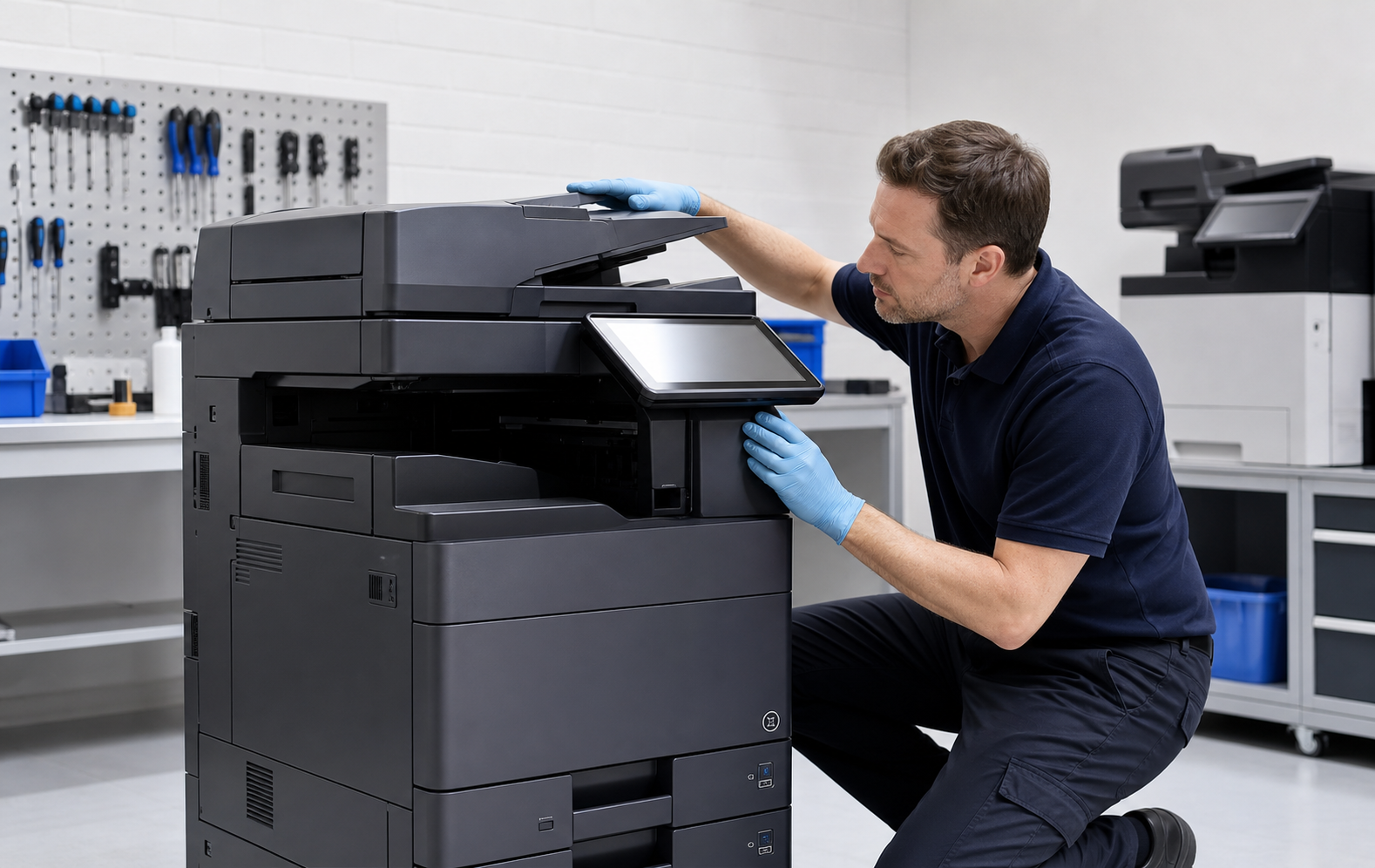 Technician inspecting a refurbished multifunction copier